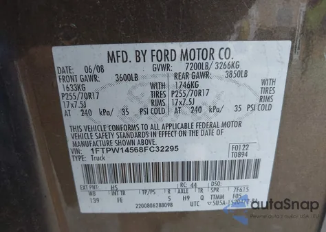 2008 Ford F-150 60Th Anniversary/Fx4/King Ranch/Lariat/Limited/Xlt z USA, uszkodzony, nr VIN 1FTPW14568FC32295